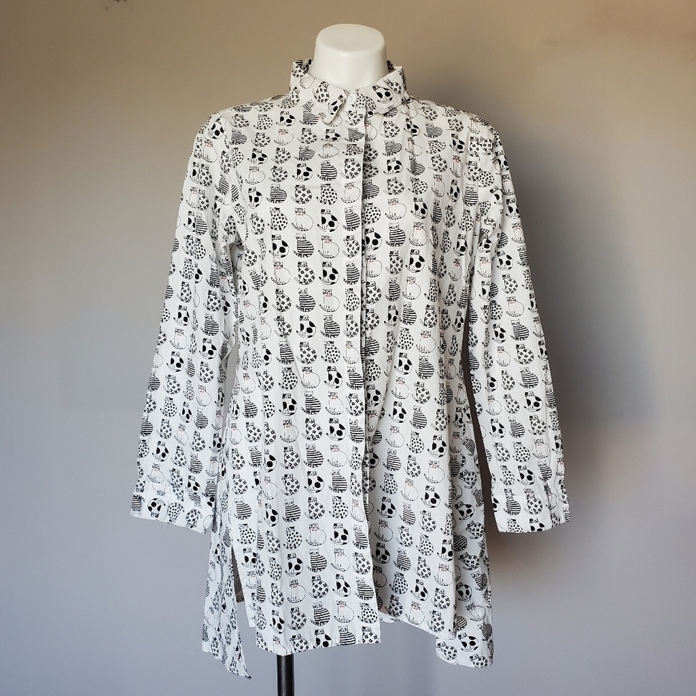 Tulip Button Down Cat Lady Novelty Print Shirt Tunic Top Dress Size XS
